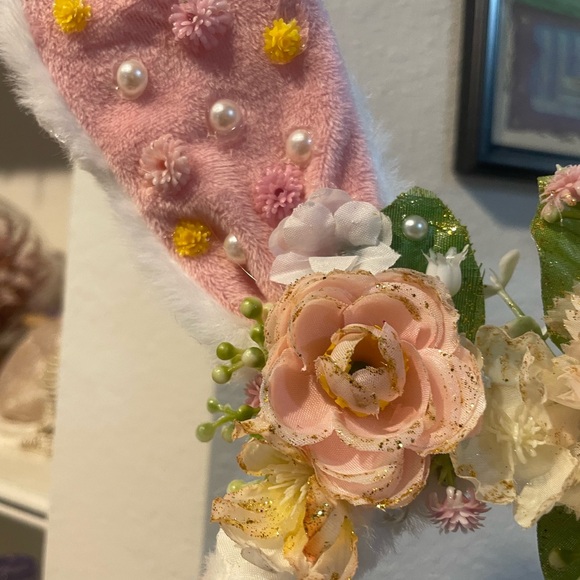Floral Easter Ears / Bunny Ear Headband - Pink and White - Picture 3 of 5